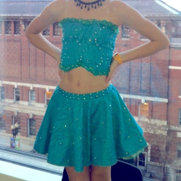 Turquoise two piece dance costume adorned with Swarovski Crystals - Picture 1 of 9